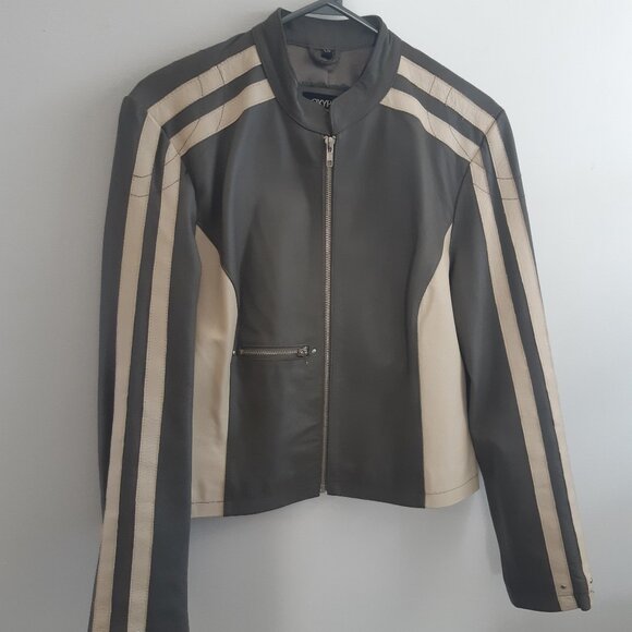 OXYHO Sorento Large Women's Genuine Leather Coat, Two-Tone Olive/Grey + Beige - Picture 4 of 16